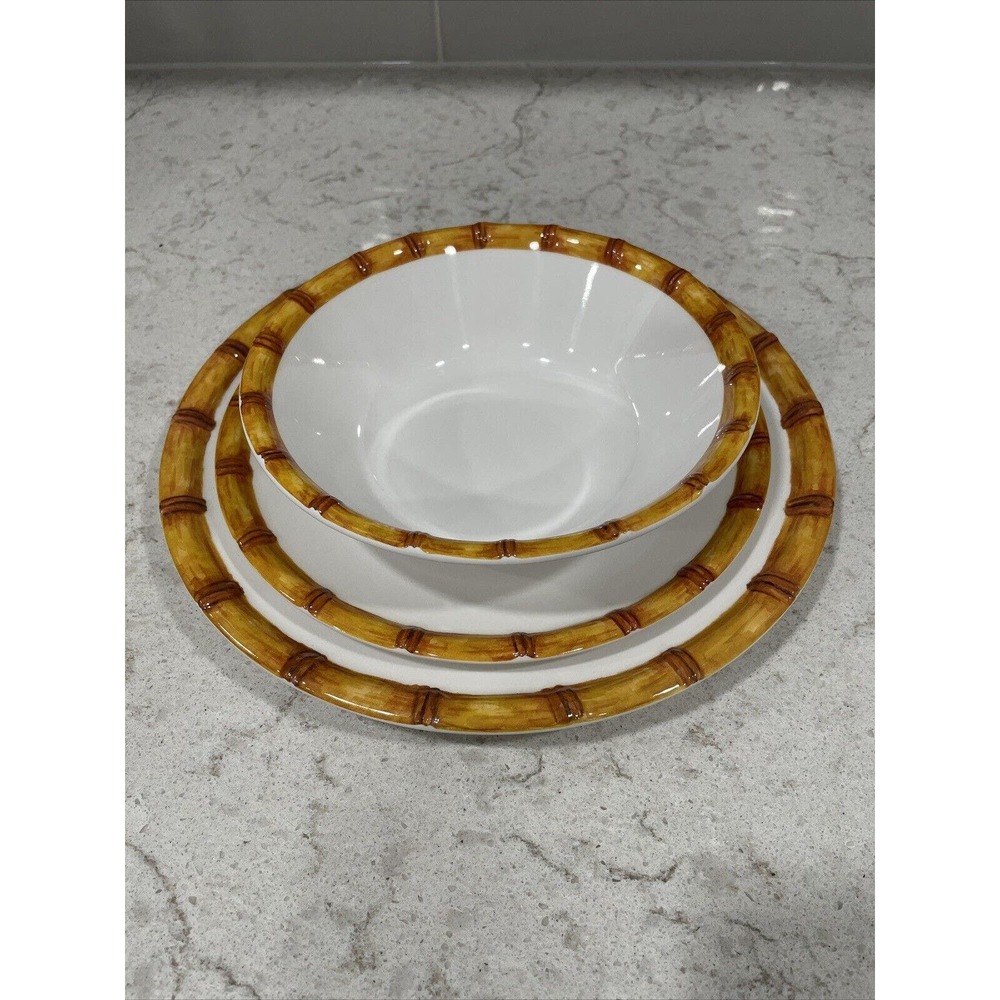 Set 4 WOOD LOOK RIM EDGE 7.5" White SALAD Soup Bowls Tommy Bahama Melamine Bowl - Picture 5 of 5